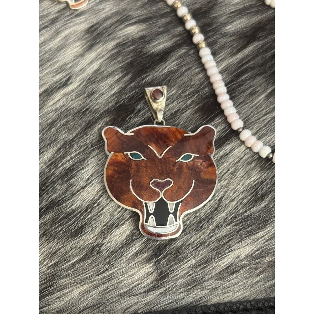 950 Sterling Silver Inlaid Red Orange Spiny Oyster🐆Onyx Jaguar Pendant~Reverse